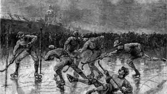 Illustration de plusieurs hockeyeurs jouant sur une étendue d'eau.