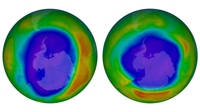 Les deux images du pôle Sud montrent que le trou dans la couche d'ozone a rétréci.