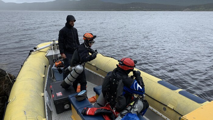 Trois personnes, dont deux en habits de plongée, sur un bateau.