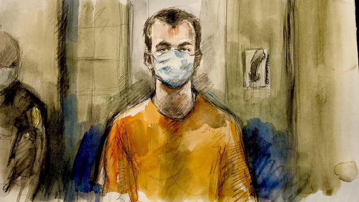 Le dessin de cour montre un homme vêtu d'un uniforme de prisonnier qui porte un masque contre la COVID.