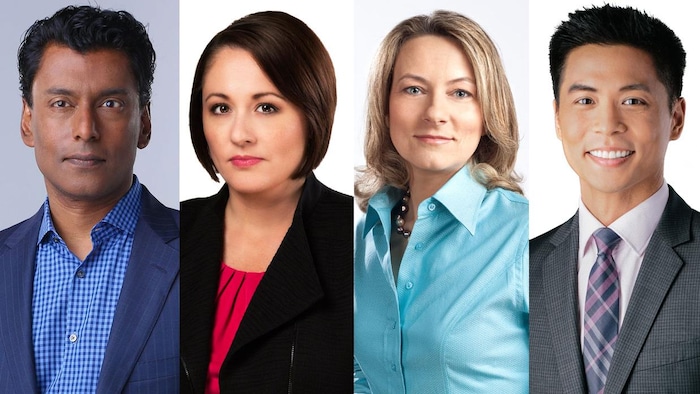 加拿大广播公司 CBC 的主持人 (从左到右) : Ian Hanomansing, Rosemary Barton, Adrienne Arsenault 和 Andrew Chang