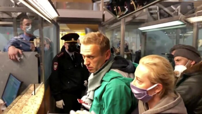 Capture d'écran d'Alexeï Navalny avant son arrestation à l'aéroport Sheremetyevo de Moscou.