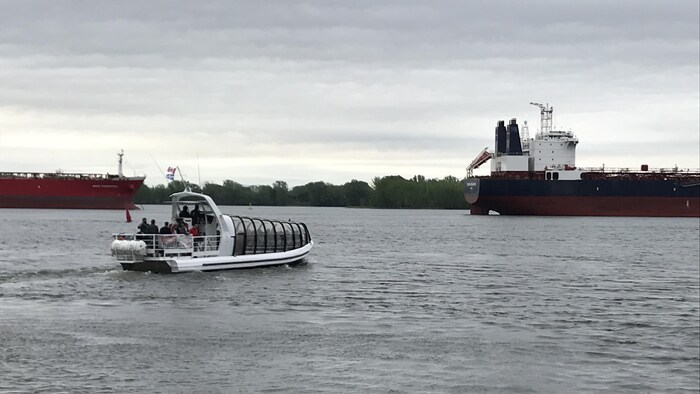 Une navette, un bateau qui possède une cabine vitrée.