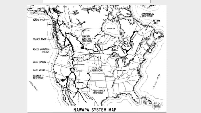 Une carte montrant remark l'eau serait déviée du Canada vers les États-Unis.
