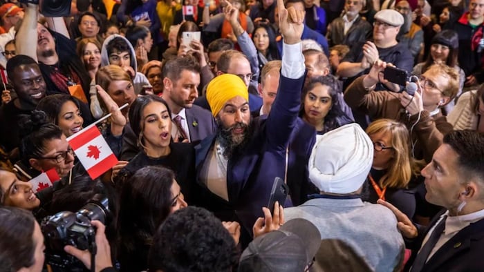 NDP Leader Jagmeet Singh celebrates after his election victory.