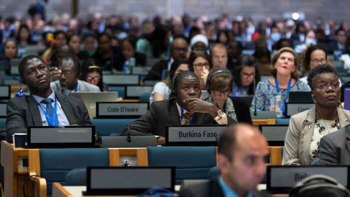 Des représentants africains assis dans une grande salle de conférence.