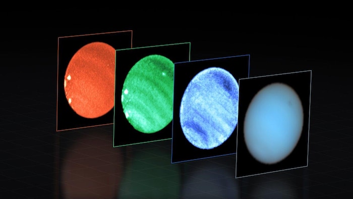 An image showing Neptune in the form of four different colored circles.