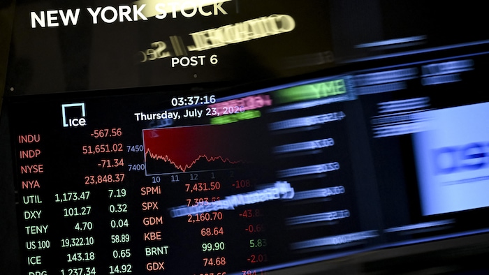 Un écran montre des chiffres de transactions à la bourse de New York.