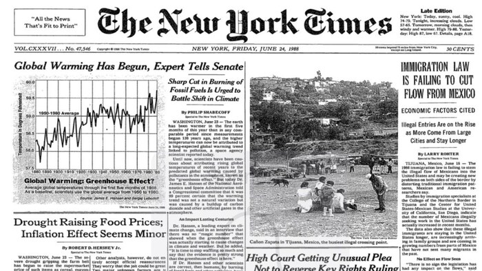 Première page du New York Times du 24 juin 1988