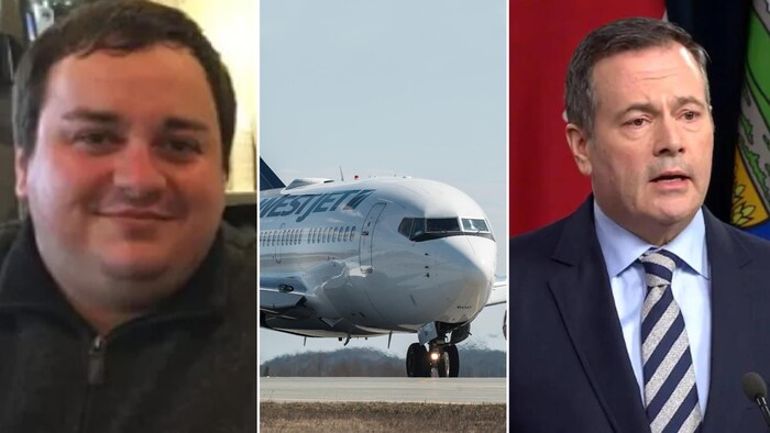 Nick Koolsbergen, un avion de WestJet et le premier ministre albertain, Jason Kenney.