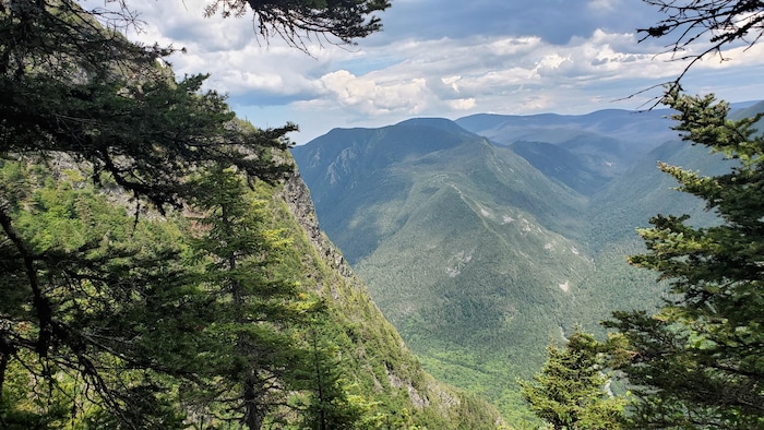 Des montagnes à perte de vue derrière un canyon, en été.