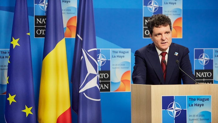 Nicusor Dan s'adresse à la presse lors d'un sommet de l'OTAN.