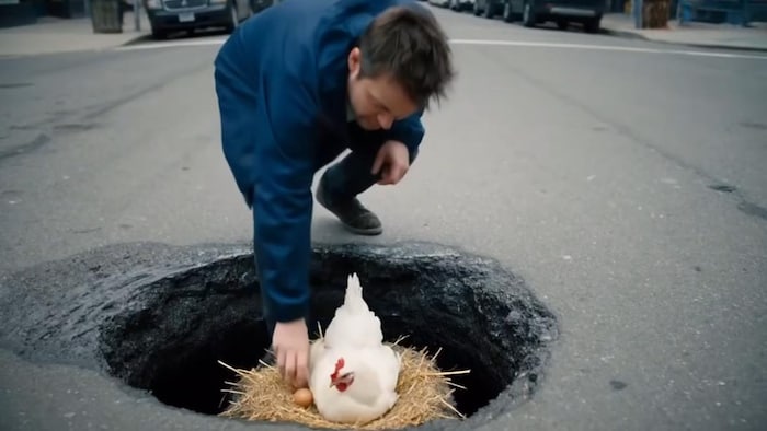 A man takes an egg in a (literal) nest located here what hidden behind videos in a road-road nest.