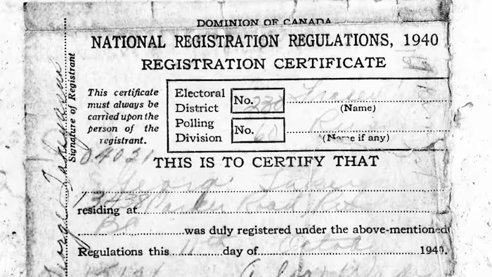 Photo d'archives d'un document sur lequel on peut notamment lire « National registration regulations ».