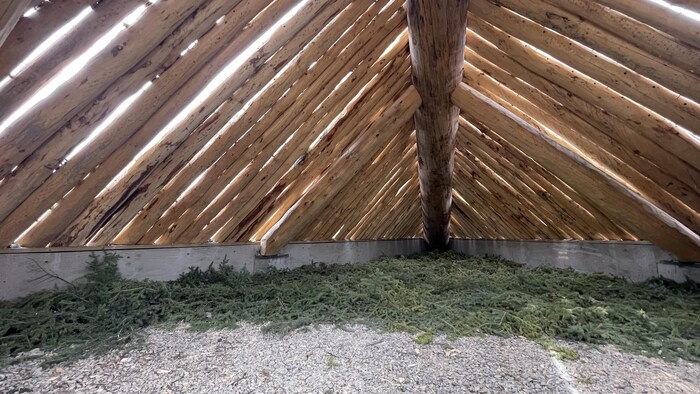 L'intérieur du Njel avec un toit fait de troncs d'arbres.