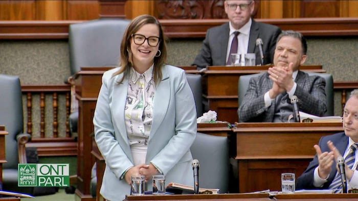 Natalia Kusendova-Bashta debout, sourire aux lèvres, alors que d’autres députés l’applaudissent.