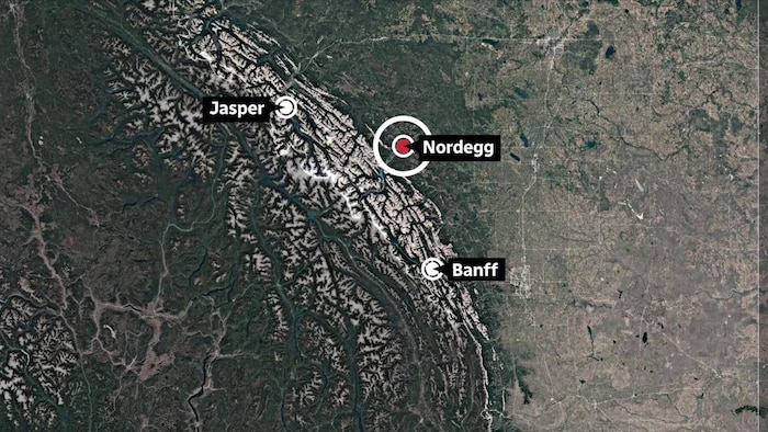 Une carte indiquant les emplacements de Jasper, Banff et Nordegg. 