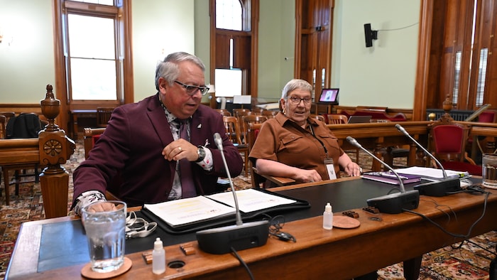 Marcel Larocque et Norma Dubé assis dans une salle de l'Assemblée législative, derrière des micro.