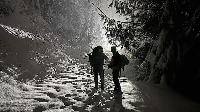 Deux silhouettes de randonneurs ou secouristes éclairés par-derrière au milieu du cadre, sur une route d'accès couverte de neige et entourée de conifères. 