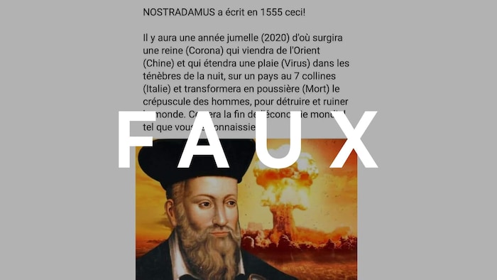 Une publication sur la prédiction de Nostradamus, avec sa photo, et le mot FAUX sur l'image.