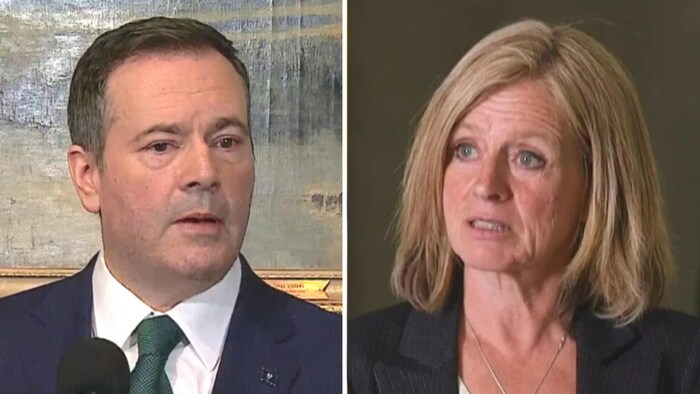 Le premier ministre Jason Kenney, à gauche et la cheffe du NPD, Rachel Notley, à droite.