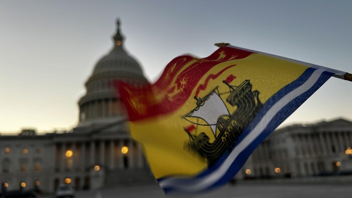 Une photo du Capitole de Washington à l'arrière-plan et un drapeau du Nouveau-Brunswick au premier plan. 