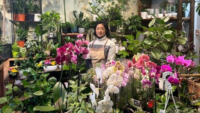 A woman standing amongst flowers and plants.