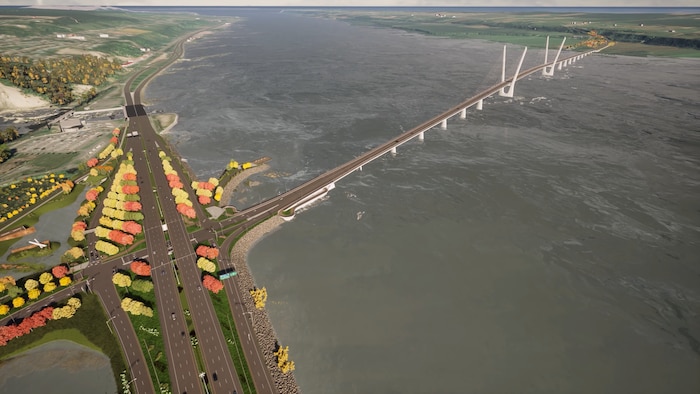 Vue aérienne du futur pont de l'île d'Orléans.