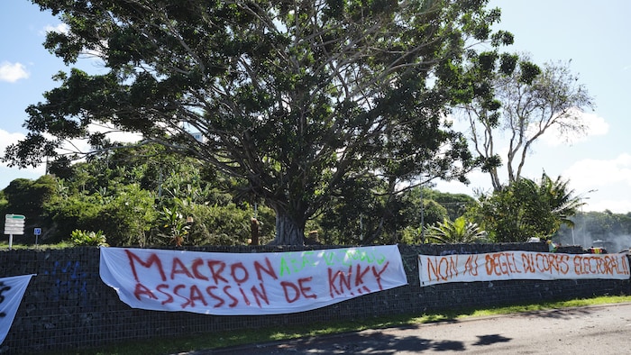 Yol kenarında Macron'u ve seçmen erimesini eleştiren pankartlar var.