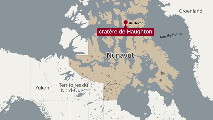 Une carte montrant l'emplacement du cratère de Haughton, situé sur l'île Devon, dans l'Extrême-Arctique.