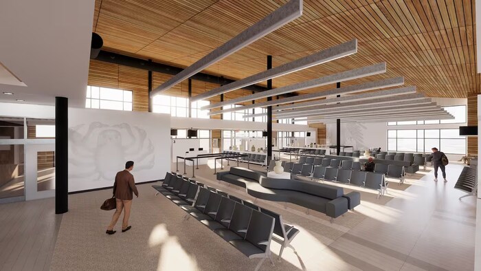 Un rendu architectural montrant l'intérieur de la nouvelle aérogare de Rankin Inlet, au Nunavut.