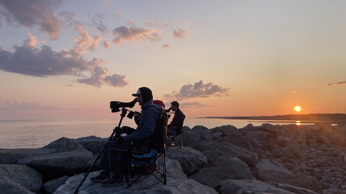 Trois hommes assis sur des rochers au Quai de Pointe-au-Père au lever du soleil en regardant dans leurs appareils photo.