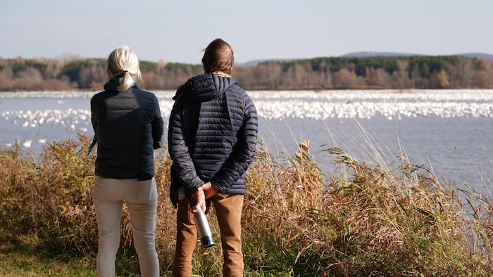 Des observateurs sur le bord du réservoir Beaudet.