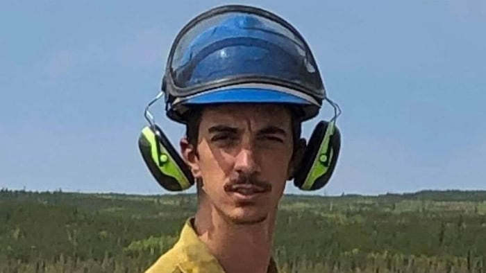 Un homme debout sur une colline, avec une forêt en arrière-plan