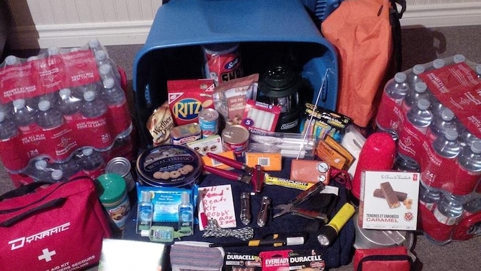 Des bouteilles d'eau, de la nourriture et des piles étalés sur le sol.