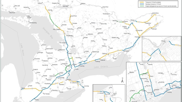 Une carte qui montre les tronçons des autoroutes provinciales à 110 km/h existants, les nouveaux tronçons à 110 km/h et les projets d’allongement qui seront à 110 km/h une fois terminés.