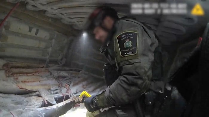 Un agent du MPO est dans une cale de bateau à vérifier des morceaux de poissons.