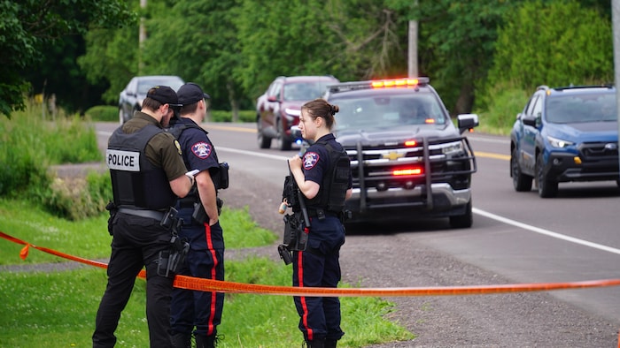 Deux policiers et une policière en bordure de la route 132