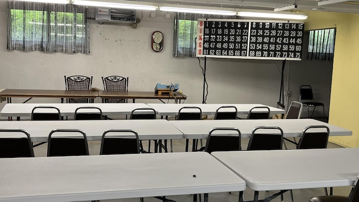 Des tables, des chaises et un panneau mural qui affiche les numéros du bingo.