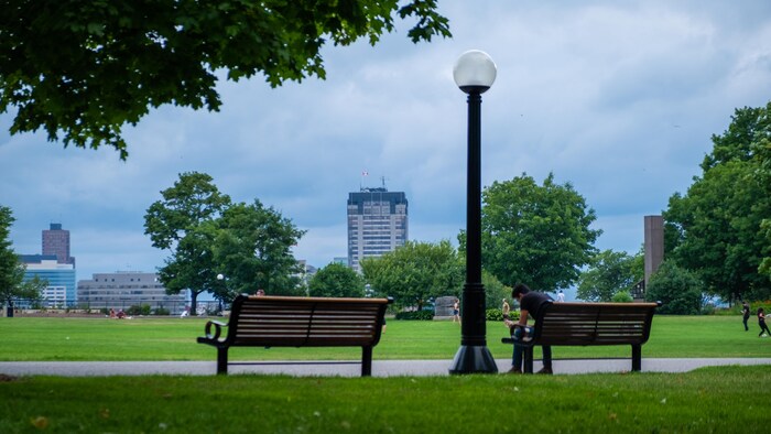 Un homme de dos assis sur un banc dans le parc Major à Ottawa avec en arrière-plan quelques immeubles de Gatineau.