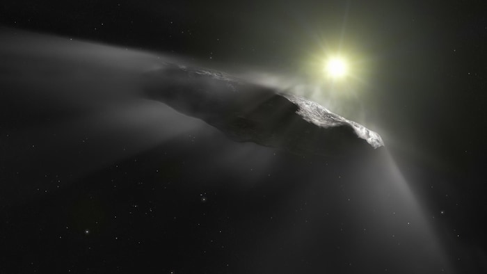 Représentation artistique de la comète Oumuamua.