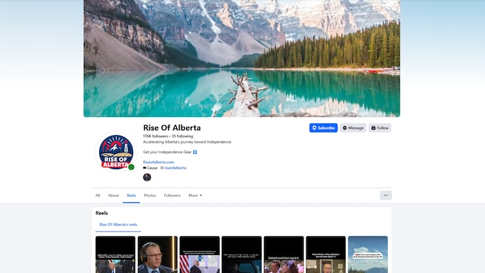 C'est une page Facebook où on voit une photo de l'Alberta et un logo Rise of Alberta.