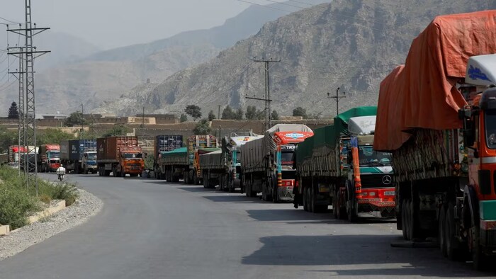 Trucks loaded with supplies for Afghanistan are seen stranded at the Michni checkpost after the main Pakistan-Afghan border crossing closed following clashes in Torkham, Pakistan on September 7, 2023.