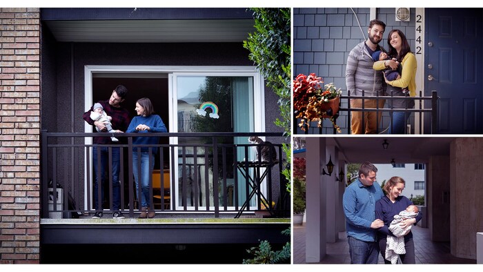 Trois couples avec leur nouveau-né dehors près de leur domicile.