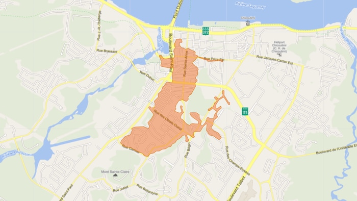 Capture d'écran d'une carte de Chicoutimi où est identifiée une zone en orange.