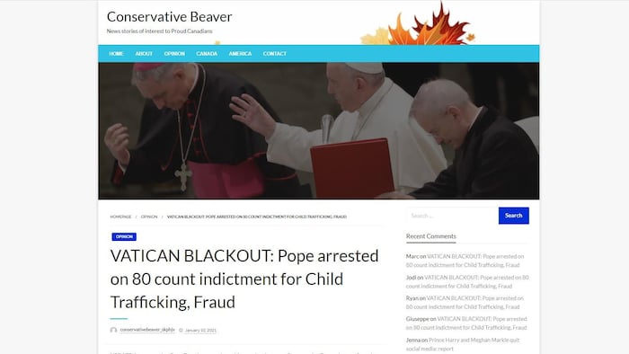 Capture d'écran de l'article publié le 10 janvier par le site canadien Conservative Beaver sur l'arrestation alléguée du pape François.