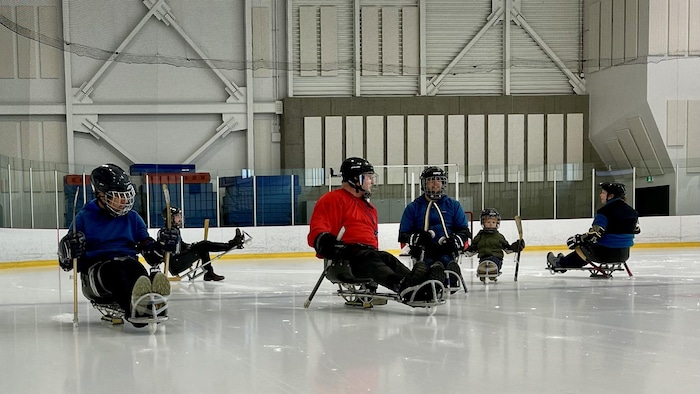 Des joueurs de parahockey sur une patinoire.