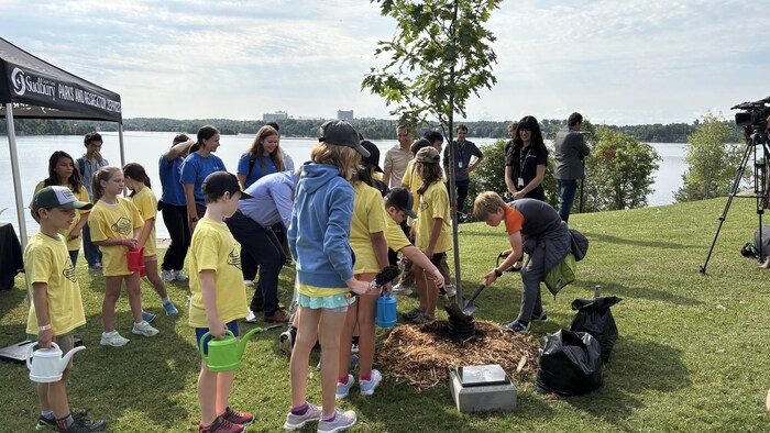 Des jeunes du camp scientifique d’été de Science Nord plantent un arbre.