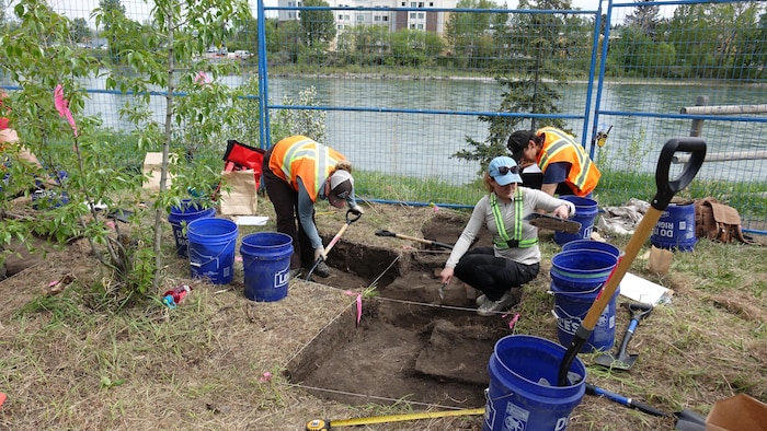Trois étudiants archéologues travaillent activement sur un chantier de fouilles, creusant la terre à l'aide de pelles et de truelles près de plusieurs seaux bleus en amont d'un cours d'eau.