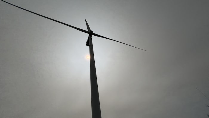 Vue en contreplongée d'une éolienne